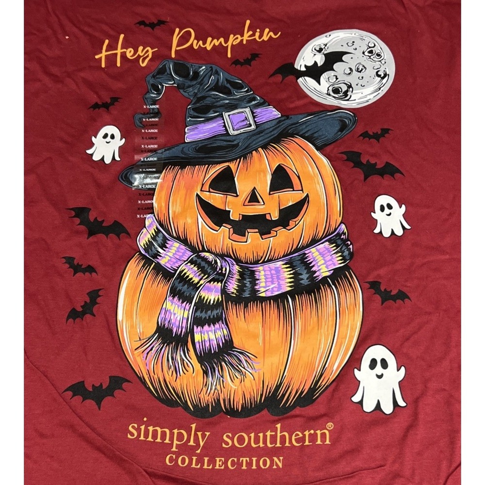 New Simply Southern Long Sleeve "HEY PUMPKIN" Tee T-Shirt Maroon Ghosts Hat XL - Picture 10 of 10
